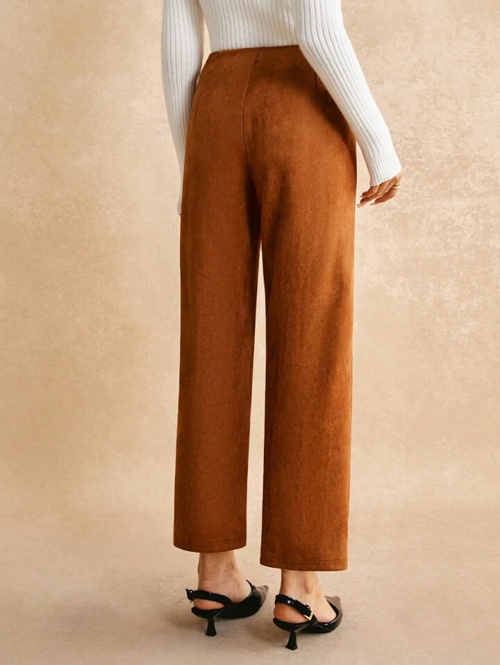 CM-BS014459 Women Trendy Bohemian Style Suede Front Decorative Button Long Pants - Brown