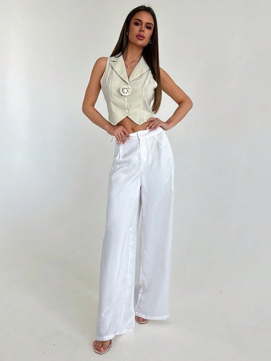 CM-BS063961 Women Casual Seoul Style Low Waist Pleated Straight Leg Long Pants - White