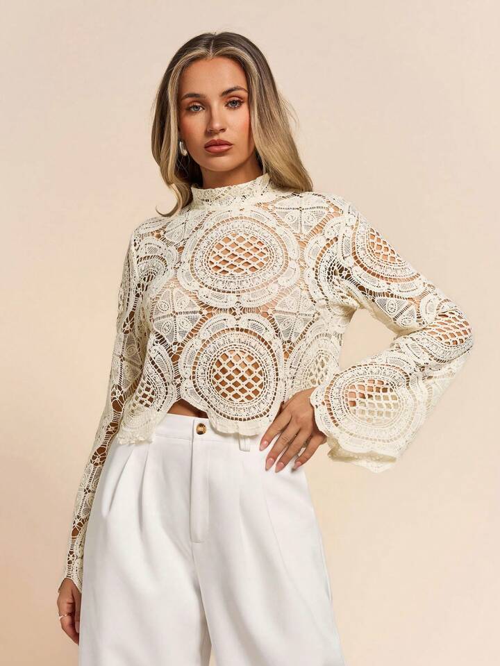 CM-TS990904 Women Casual Seoul Style Stand Collar Lace Hollow-Out See-Through Blouse - Apricot