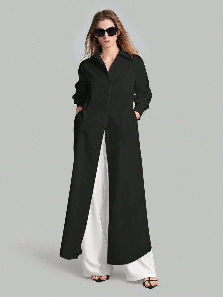 CM-TS855315 Women Casual Seoul Style Shirt Collar Long Sleeve Front Button High Slit Long Shirt - Black