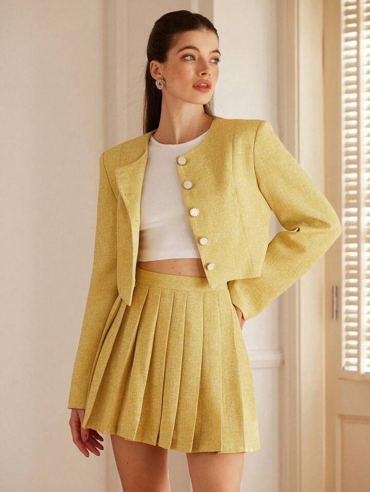 CM-SS876911 Women Elegant Seoul Style Tweed Short Collarless Button Jacket With Pleated Mini Skirt Suit - Yellow