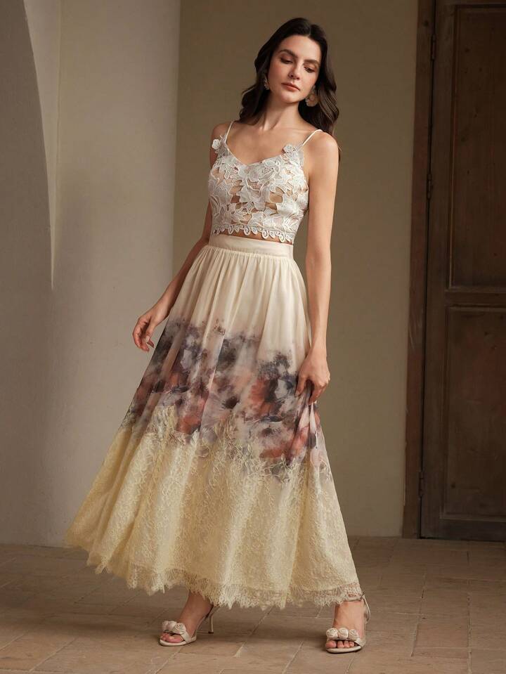 CM-BS999157 Women Elegant Seoul Style Mid Waist Contrast Lace Printed Flared Chiffon Maxi Skirt