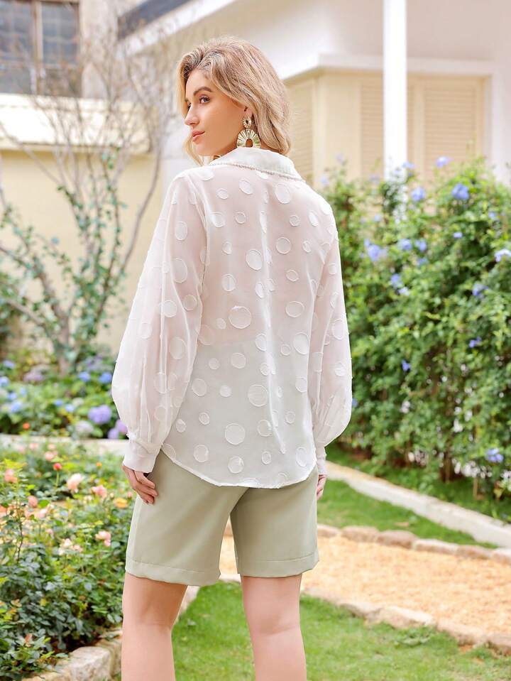 CM-TS490189 Women Casual Seoul Style Round Patched Button Front Long Sleeve Shirt