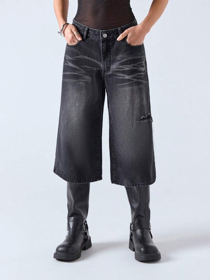 CM-BS714311 Women Casual Seoul Style Distressed Loose Fit Faded Ombre 7/8 Capri Denim Pants