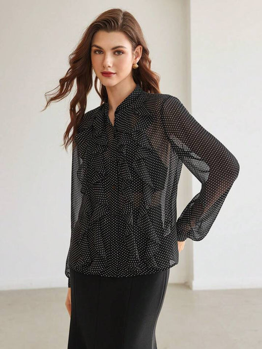 CM-TS410146 Women Elegant Seoul Style Stand Collar Chiffon Polka Dot Long Sleeve Ruffle Trim Shirt