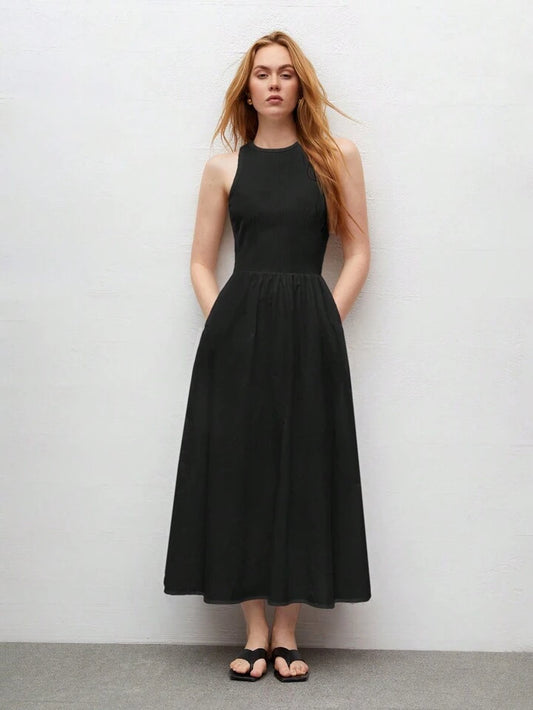 CM-DS644099 Women Trendy Bohemian Style Round Neck Sleeveless High Waist Slim Fit Dress - Black