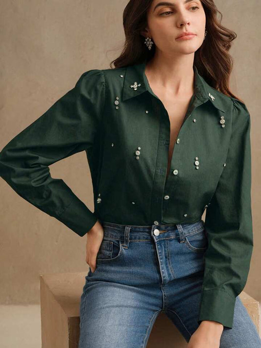 CM-TS018855 Women Elegant Seoul Style Long Sleeve Rhinestone Button Blouse - Dark Green
