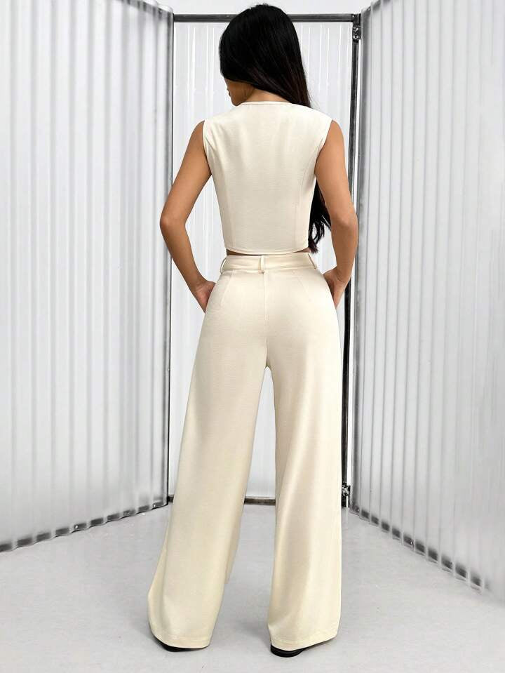 CM-SS116210 Women Casual Seoul Style Solid Color Single Row Button Top With Wide Leg Pants - Set