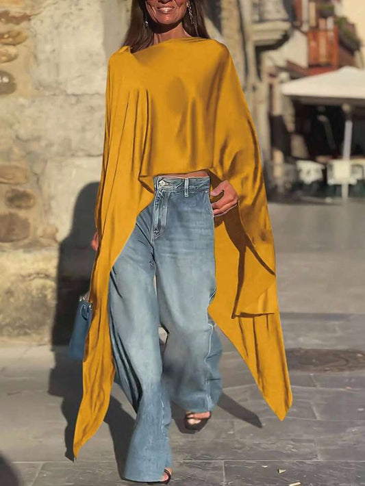 CM-TS448428 Women Casual Seoul Style Round Neck Batwing Sleeve Asymmetrical Long Shirt - Yellow