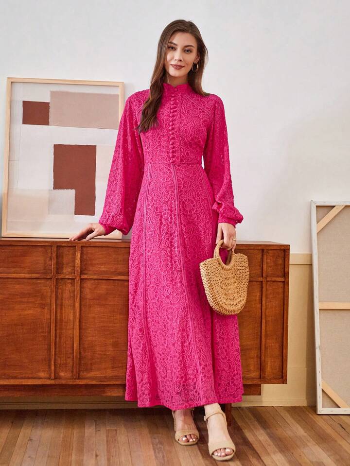 CM-DS807079 Women Elegant Seoul Style Lace Mandarin Collar Long Sleeve A-Line Dress - Hot Pink