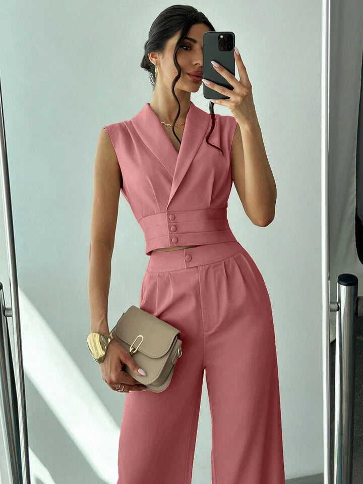 CM-SS413641 Women Elegant Seoul Style Collared Fitted Cap Sleeve Shirt With Straight-Leg Pants Suit - Dusty Pink