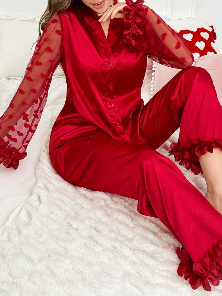 CM-LS535185 Women Trendy Seoul Style 3D Floral Lace Heart Mesh Satin Pajama Set - Red