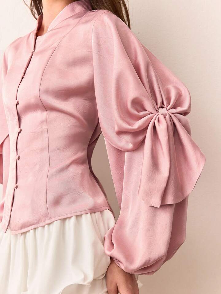 CM-TS111211 Women Elegant Seoul Style Satin Tie Front Long Puff Sleeve Oversized Blouse - Baby Pink