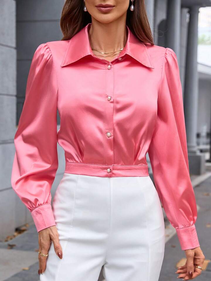 CM-TS994007 Women Casual Seoul Style Solid Color Bubble Sleeve Cropped Shirt - Watermelon Pink
