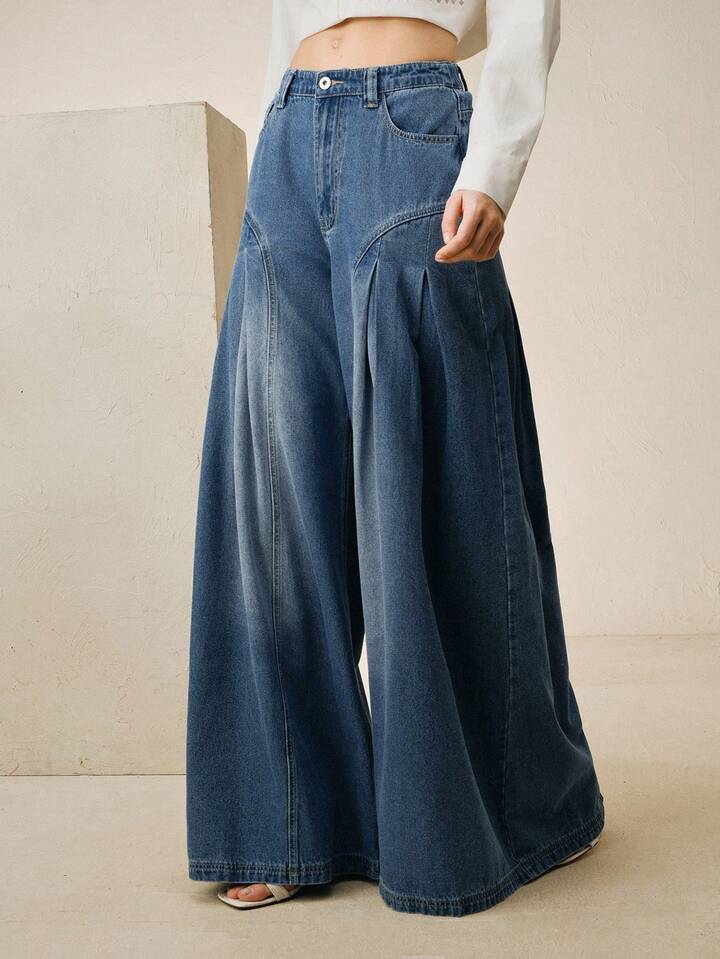 CM-BS575502 Women Casual Seoul Style High-Waisted Crease Split Lines Wide-Leg Jeans - Blue