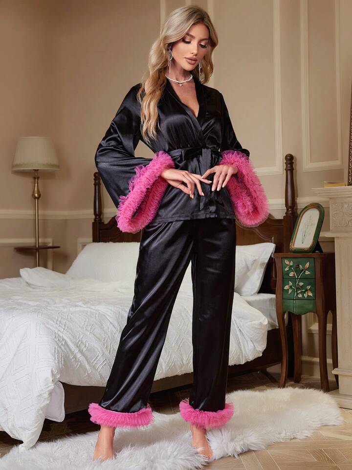 CM-LS596162 Women Trendy Seoul Style V-Neck Colorblock Belted Mesh Cuff Pajama Set - Black