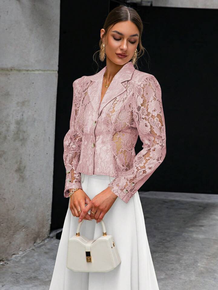 CM-TS471795 Women Elegant Seoul Style Lace Lapel Collar Long Sleeve Shirt - Pink
