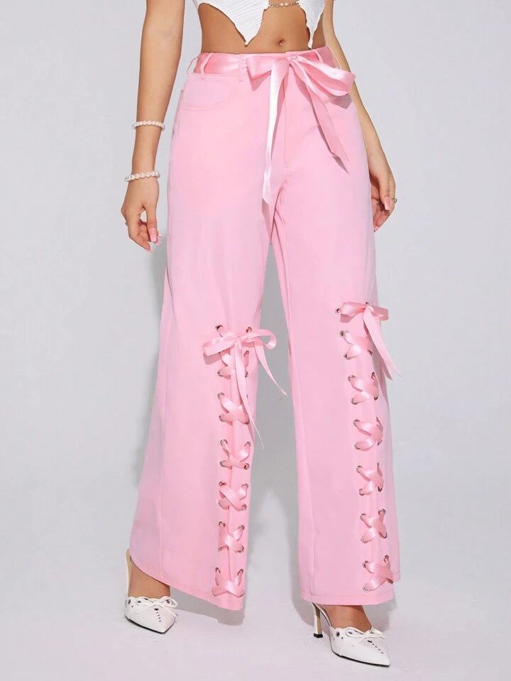 CM-BS621018 Women Casual Seoul Style Drop Waist Loose-Fitting Bow Belted Cargo Pants - Pink