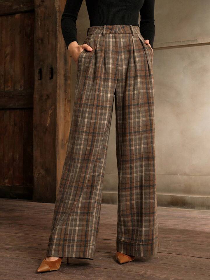 CM-BS566898 Women Elegant Seoul Style Multicolor High Waisted Straight Leg Plaid Pants