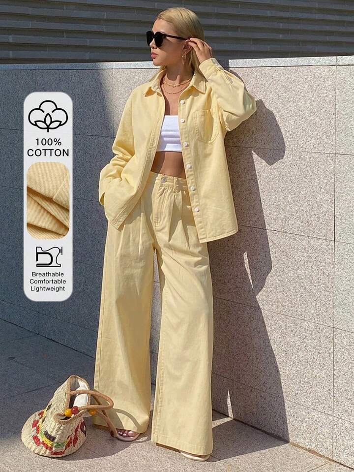 CM-SS393399 Women Casual Seoul Style Collared Long Sleeve Loose Denim Shirt With Straight-Leg Pants - Set