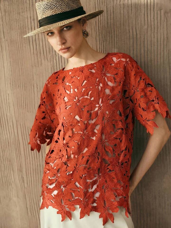 CM-TS529067 Women Trendy Bohemian Style Embroidered Round Neck Short Sleeve Top - Orange