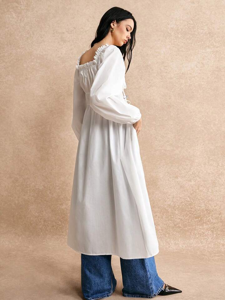CM-TS147828 Women Casual Seoul Style Lace Up Bowknot Front Lantern Sleeve Long Shirt - White