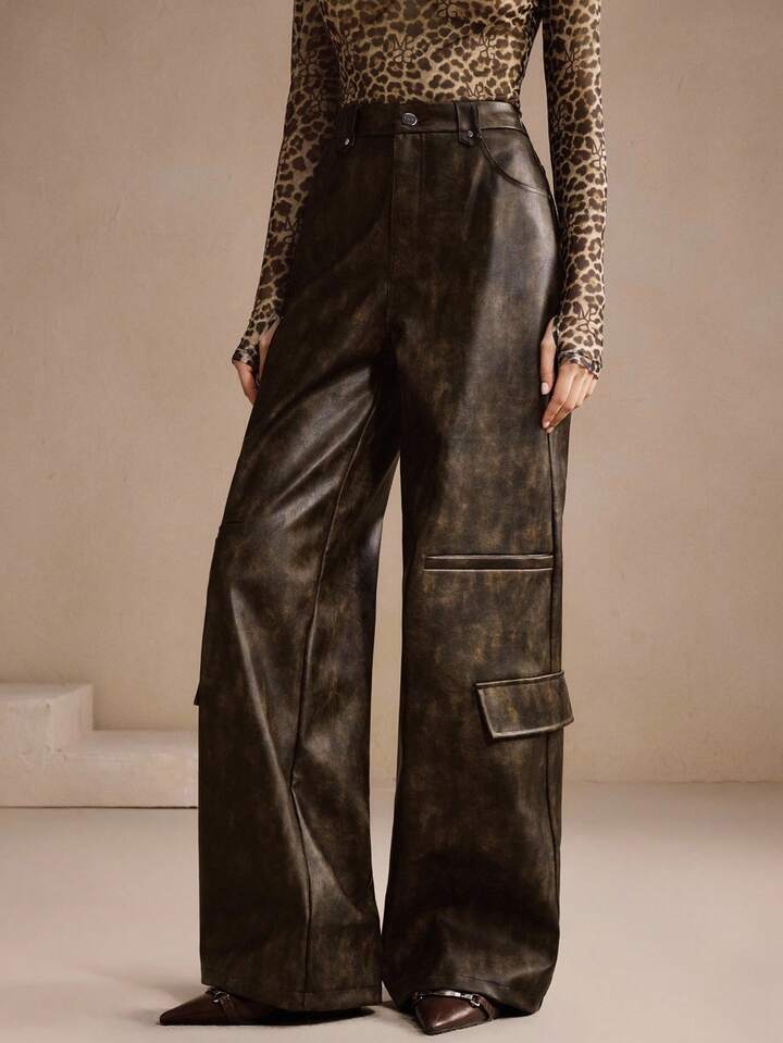 CM-BS445211 Women Elegant Seoul Style Mid Waist PU Leather Cargo Straight Leg Pants - Brown