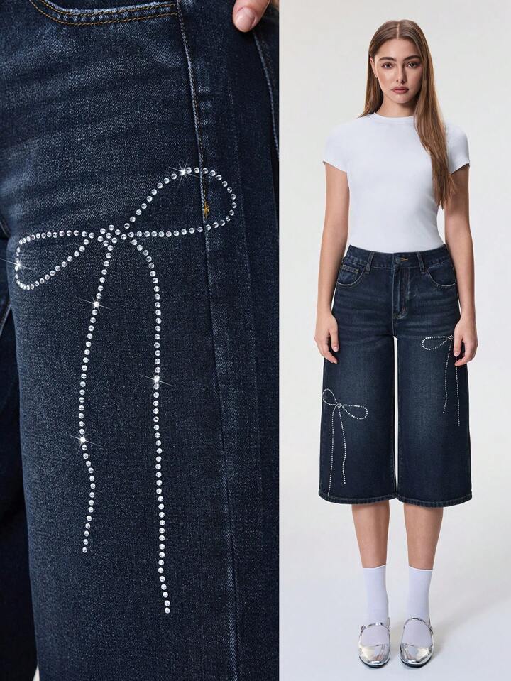 CM-BS709253 Women Casual Seoul Style Rhinestone Sequin Polka Dot Bow Loose Fit Jeans - Blue