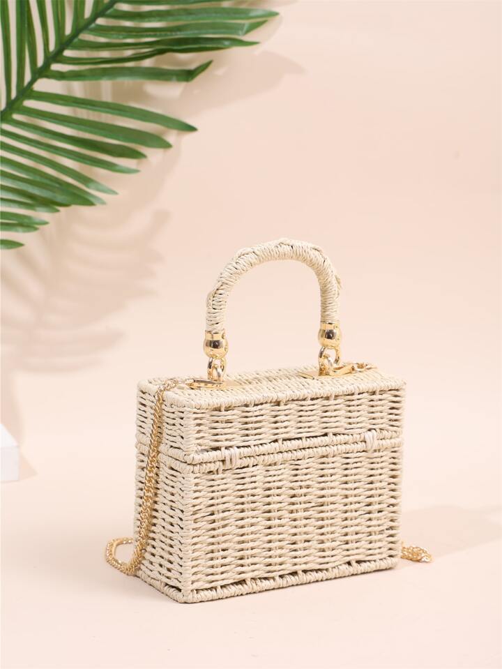 CM-BGS698559 Women Trendy Seoul Style Minimalist Twist Lock Flap Straw Bag - Beige