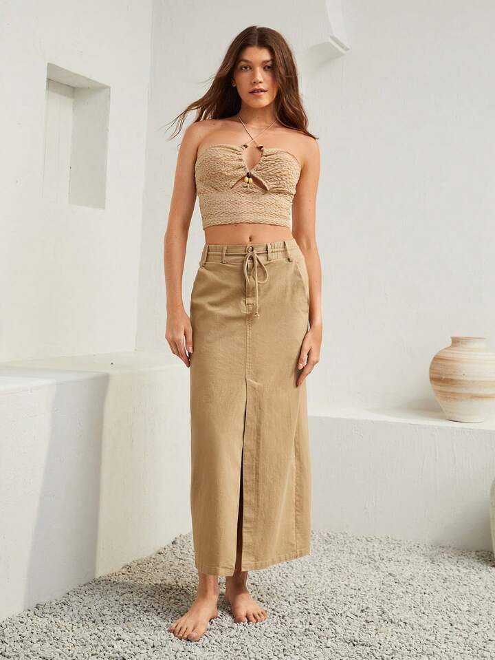 CM-BS276778 Women Trendy Bohemian Style Drawstring Waist Split Thigh Belted Skirt - Khaki