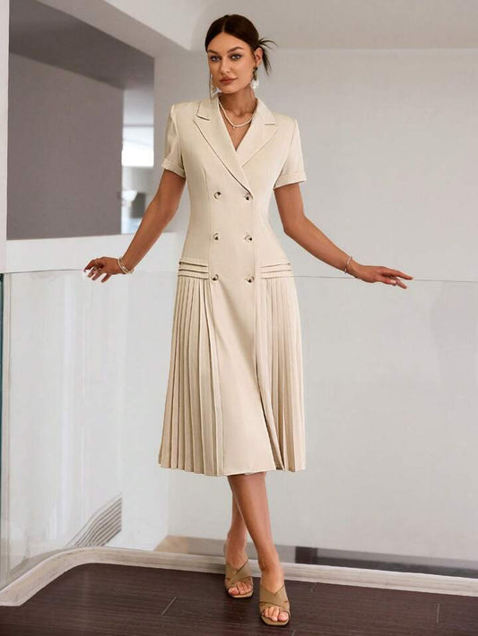 CM-DS796631 Women Elegant Seoul Style Solid Color Short Sleeve Pleated Hem Midi Dress - Apricot