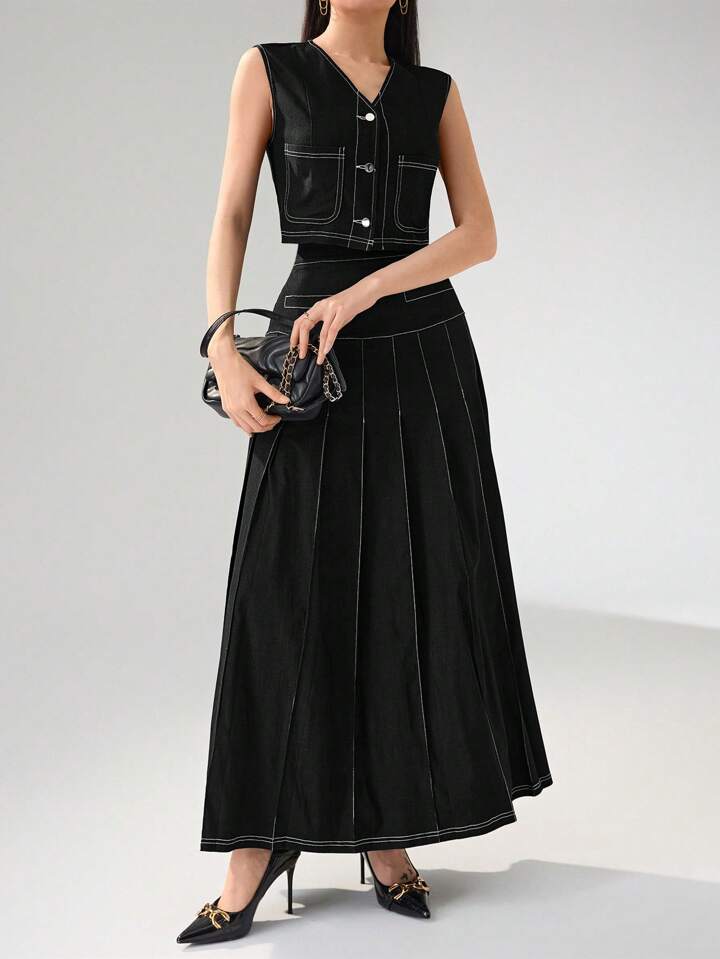CM-SS928272 Women Elegant Seoul Style V-Neck Front Button Sleeveless Blouse With A-Line Skirt - Set