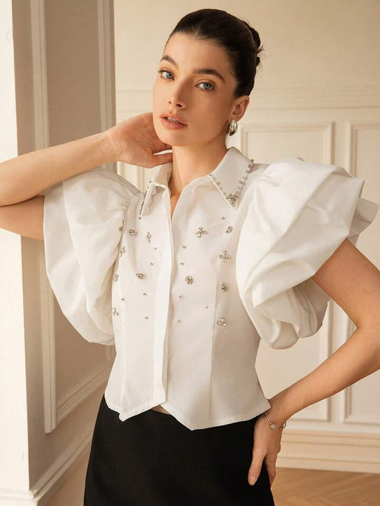 CM-TS026227 Women Elegant Seoul Style 3D Rhinestone Collar Open Front Blouson Sleeve Fitted Blouse