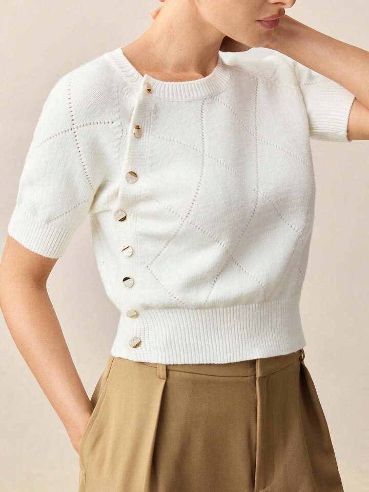 CM-TS942549 Women Casual Seoul Style Solid Color Round Neck Short Sleeve Knit Blouse - White
