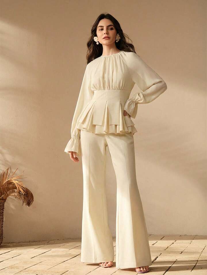CM-SS834729 Women Elegant Seoul Style Round Neck Long Sleeve Chiffon Patchwork Blouse With Flared Leg Pants - Set