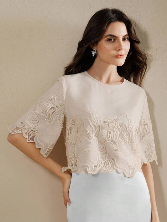 CM-TS932971 Women Elegant Seoul Style Embroidered Sheer Round Neck Short Sleeve Crop Top