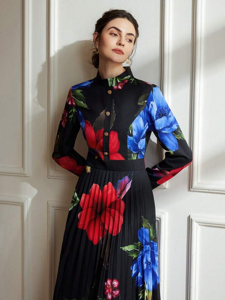 CM-DS903060 Women Retro Seoul Style Floral Print Stand Colla Metal Buttons Pleated Hem Dress