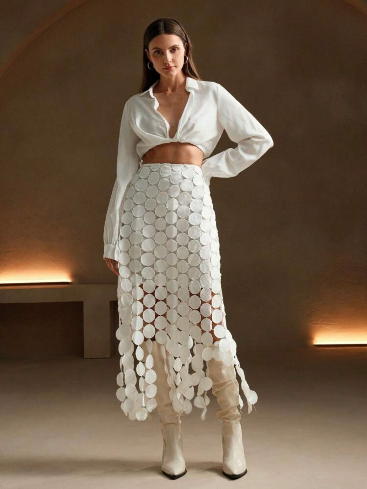 CM-BS296869 Women Trendy Bohemian Style Laser Cut Multi Circle Double Layered Maxi Skirt - White