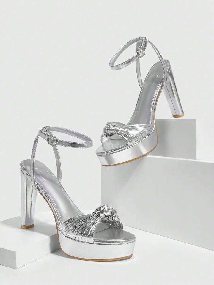 CM-SHS222096 Women Trendy Seoul Style Round Toe Chunky Knotted Detail High Heel Sandals - Silver