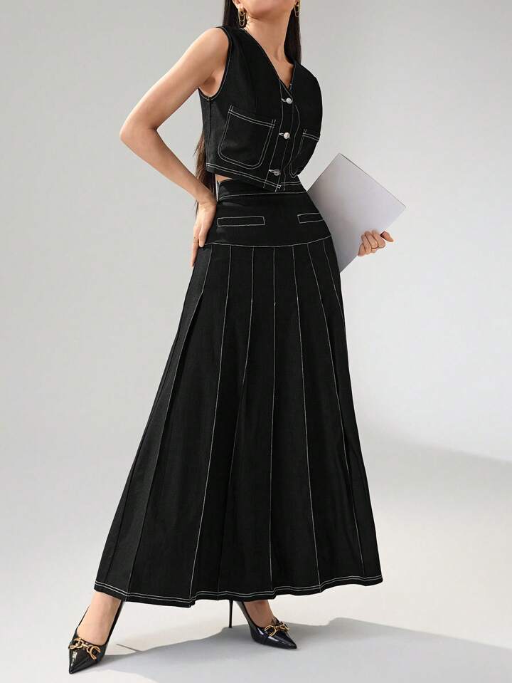 CM-SS928272 Women Elegant Seoul Style V-Neck Front Button Sleeveless Blouse With A-Line Skirt - Set