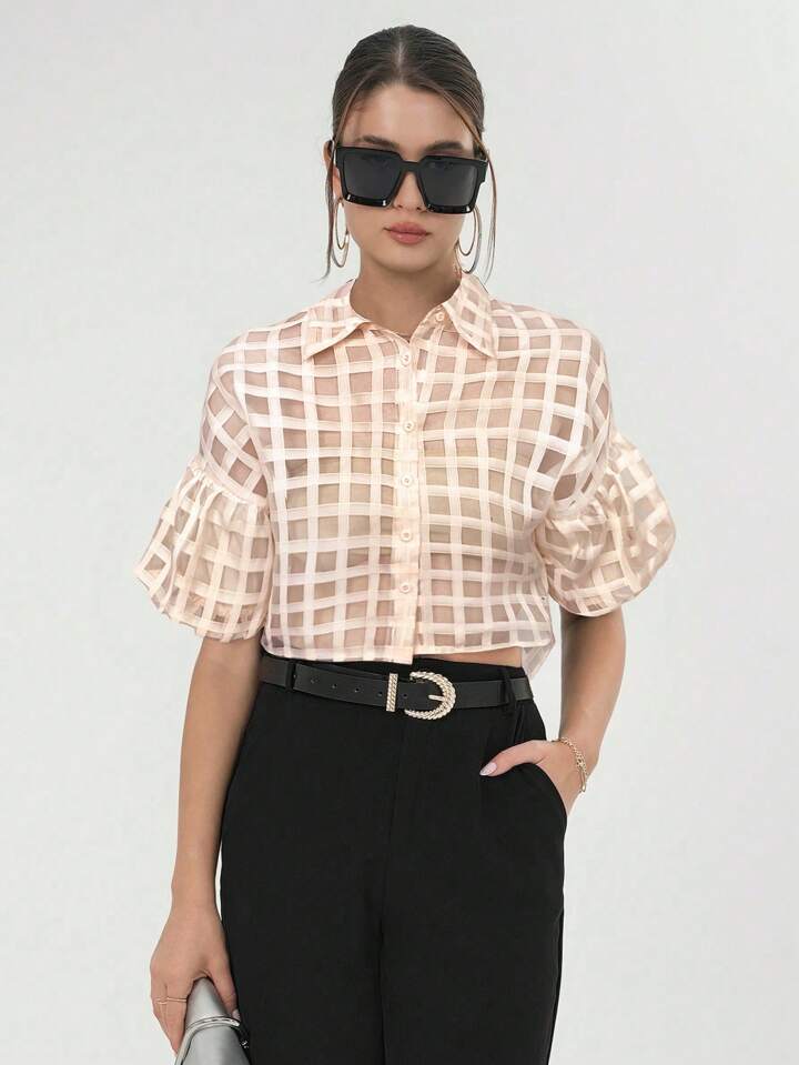 CM-TS615490 Women Casual Seoul Style Plaid Mesh Drop Shoulder Crop Shirt - Apricot