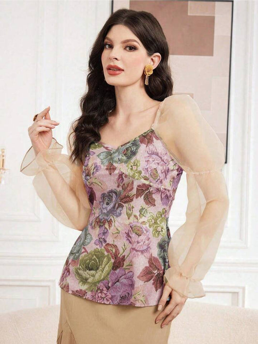 CM-TS308681 Women Trendy Bohemian Style Sweethear Neckline Floral Print Mesh Splice Shirt