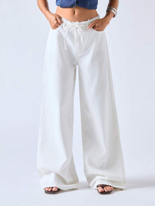 CM-BS838863 Women Casual Seoul Style Solid Color High Waist Frayed Hem Loose Wide Leg Jeans - White