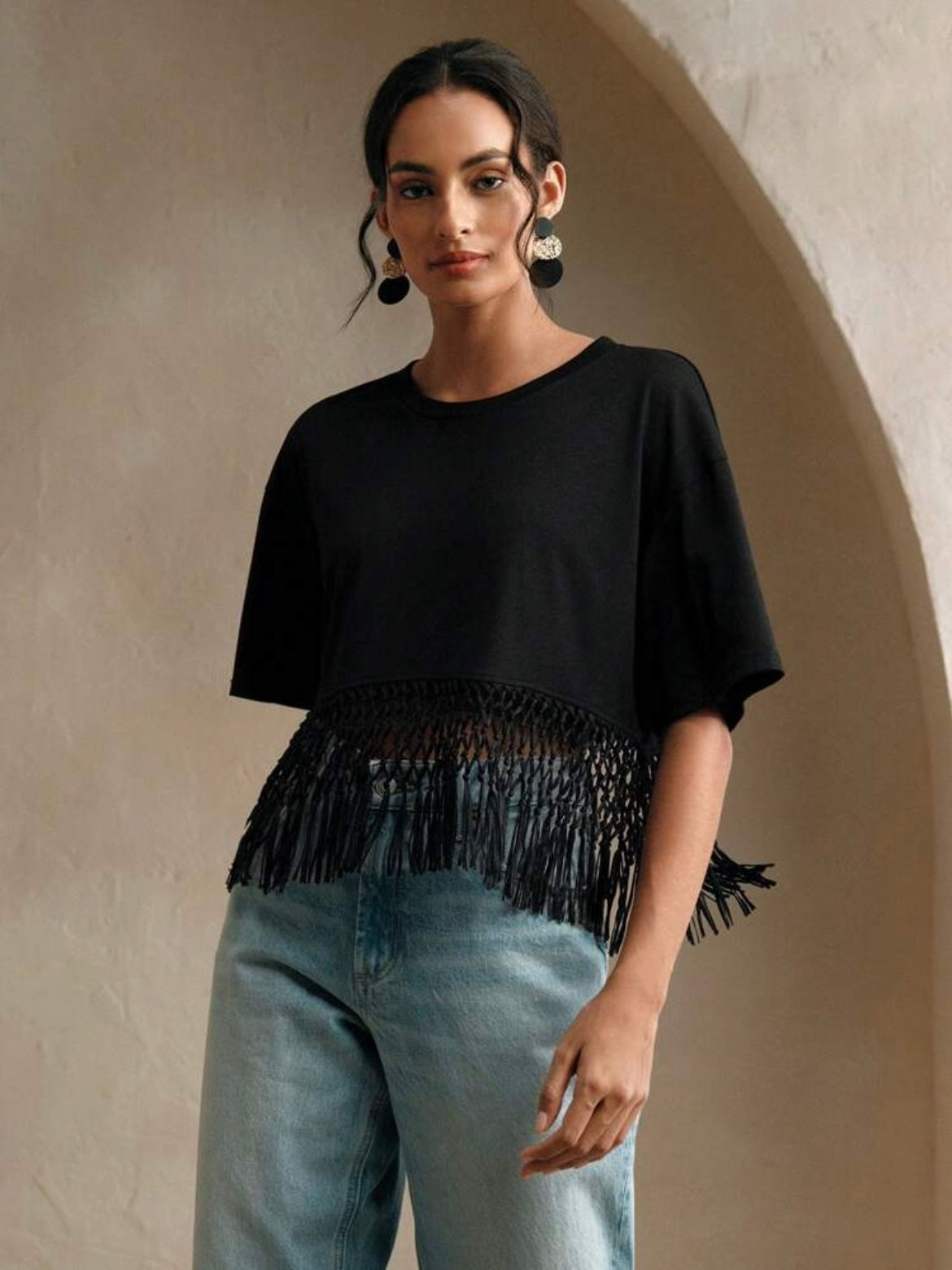 CM-TS048023 Women Trendy Bohemian Style Round Neck Short Sleeve Braided Tassel Patchwork T-Shirt