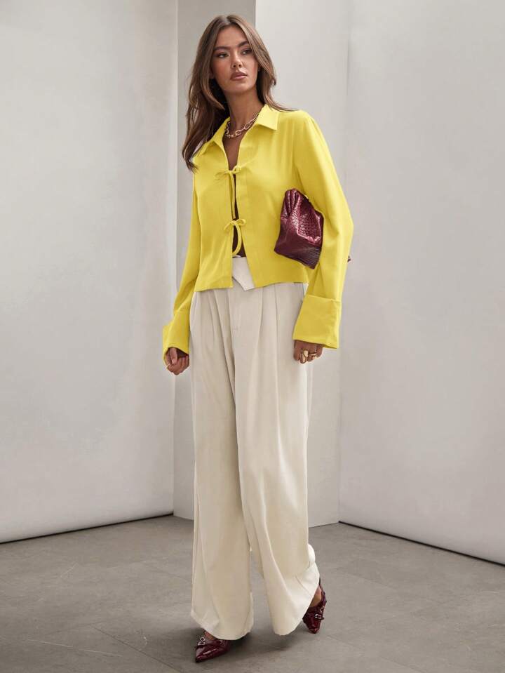 CM-TS885945 Women Trendy Bohemian Style Shirt Collar Front Tie Long Sleeve Shirt - Yellow