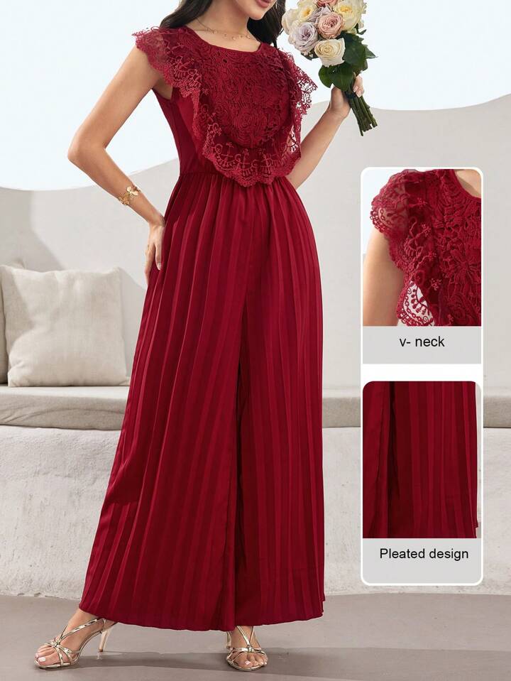 CM-JS550455 Women Elegant Seoul Style Solid Color Embroidered Lace Trim Pleated Wide Leg Jumpsuit