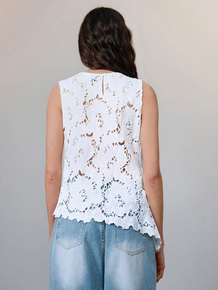 CM-TS066923 Women Elegant Seoul Style Round Neck 3D Floral Hollow Out Embroidery Blouse - Beige