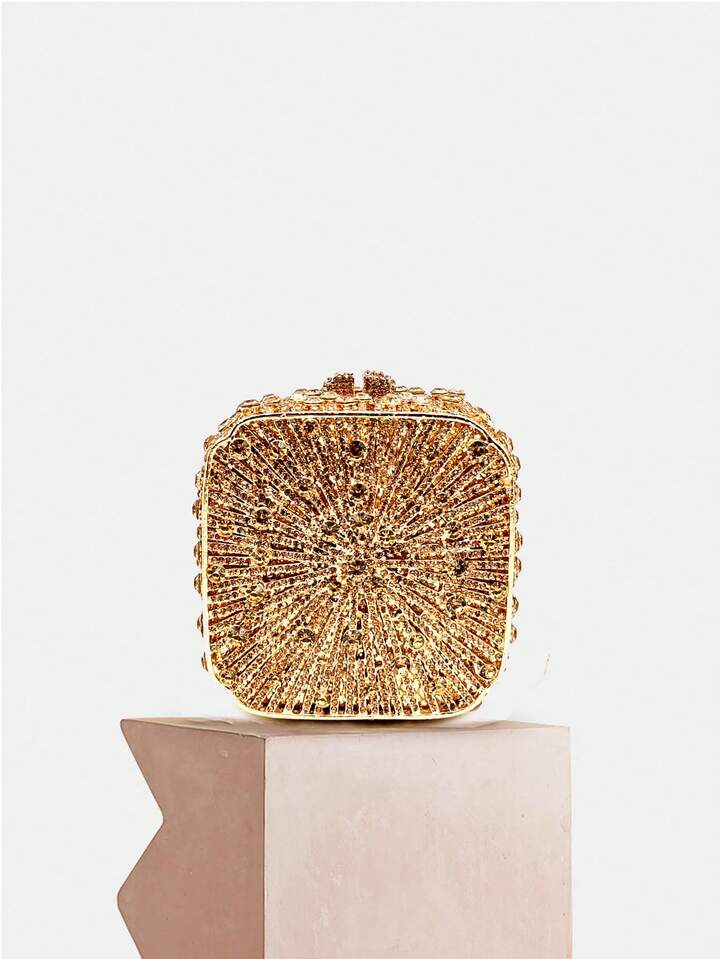 CM-BGS037116 Women Elegant Seoul Style Mini Square Box Rhinestone Clutch Purse - Gold