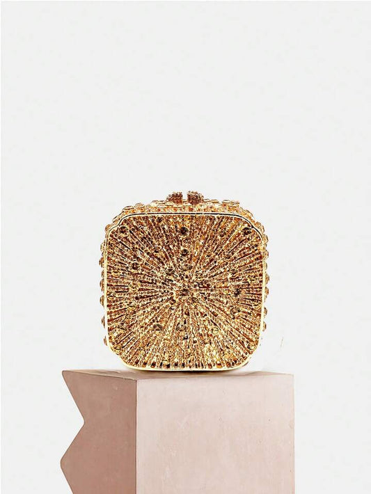 CM-BGS037116 Women Elegant Seoul Style Mini Square Box Rhinestone Clutch Purse - Gold