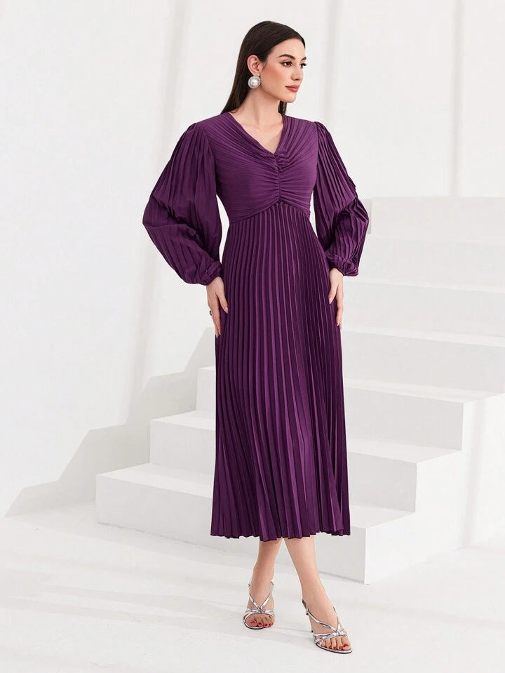 CM-DS825481 Women Elegant Seoul Style V-Neck Pleated Lantern Sleeve Dress - Purple
